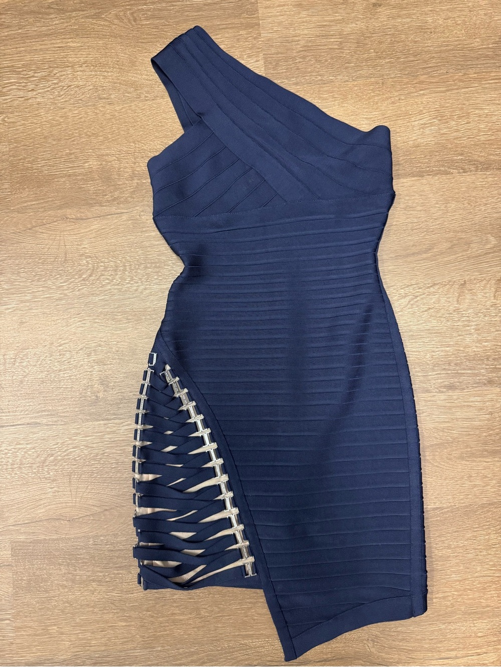 Herve Leger One-Shoulder Navy Bandage Dress with Side Lattice Detail